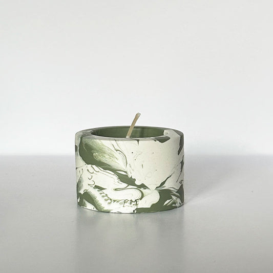 Moss Green Marble Jesmonite Tea Light Holder on a white background