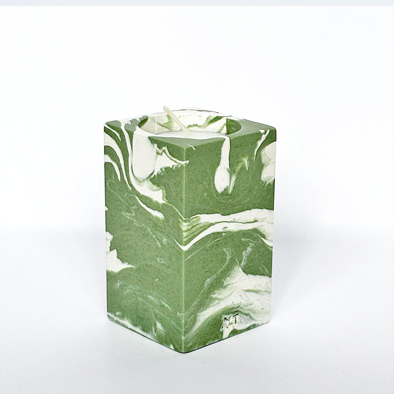 Green and white marble patterned candle holder with 'ALT' branding on a white background