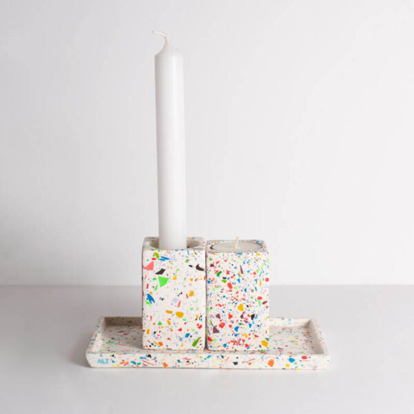 Sustainably crafted, multi-purpose white based tall rectangular rainbow terrazzo Jesmonite candle holders | Tea light holder | Taper candle holder and a rectangular rainbow terrazzo tray