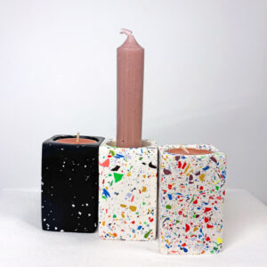 Sustainably handcrafted, multi-purpose white and black based tall rectangular rainbow terrazzo Jesmonite candle holders | Tea light holders | Taper candle holders