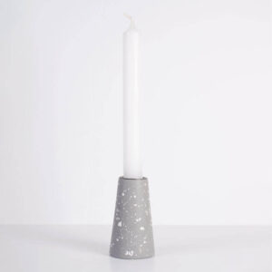 Hand-crafted grey with white terrazzo taper candle holder - medium with a white taper candle