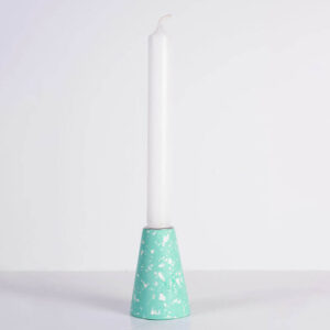 Hand-crafted mint green with white terrazzo taper candle holder - medium with a white taper candle