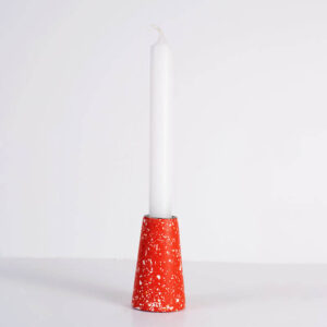 Hand-crafted red with white terrazzo taper candle holder - medium with a white taper candle