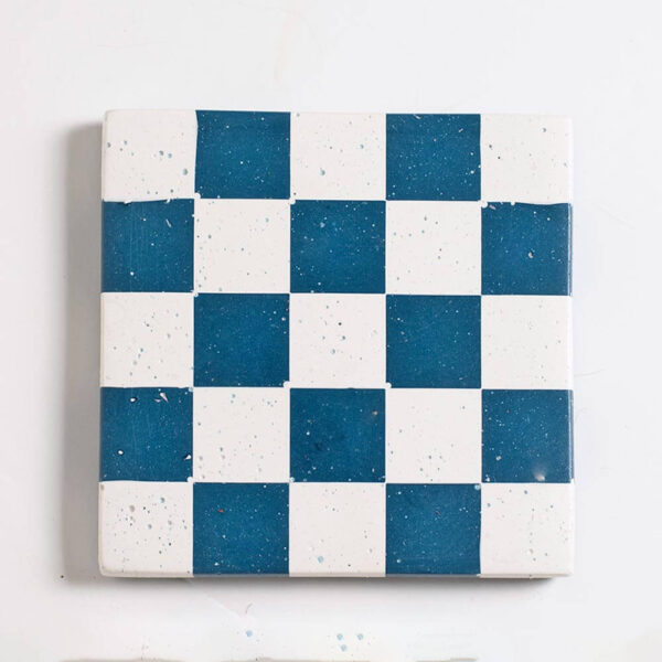 Handcrafted blue and white checkered patterned square coaster, Jesmonite trinket vanity key tray