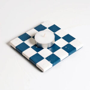 Handcrafted blue and white checkered patterned square coaster with a tea light candle, Jesmonite trinket vanity key tray