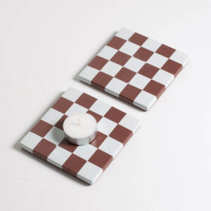 Set of two Handcrafted burgundy and light pink checkered patterned square coasters with a tea light candle, Jesmonite trinket vanity key tray
