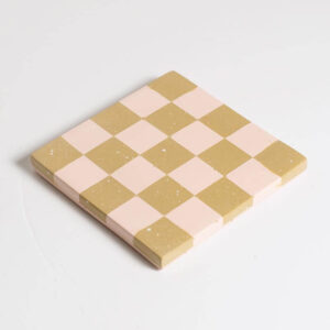 Handcrafted yellow and light pink checkered square coaster, Jesmonite trinket vanity key tray