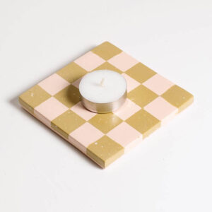 Handcrafted yellow and light pink checkered square coaster with a tea light, Jesmonite trinket vanity key tray