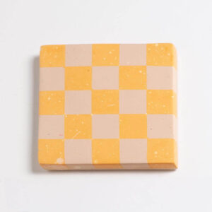 Handcrafted orange and pale pink checkered square coaster, Jesmonite trinket vanity key tray