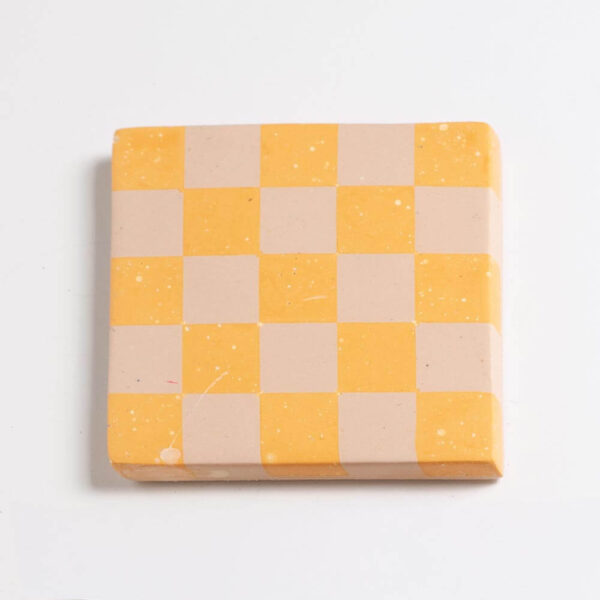 Handcrafted orange and pale pink checkered square coaster, Jesmonite trinket vanity key tray