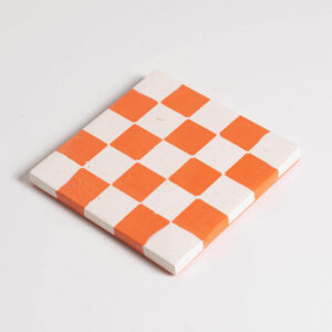 Handcrafted orange and white checkered square coaster, Jesmonite trinket vanity key tray
