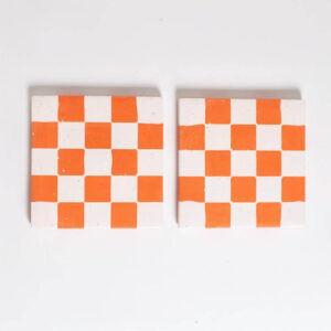 Set of two Handcrafted orange and white checkered square coasters, Jesmonite trinket vanity key tray