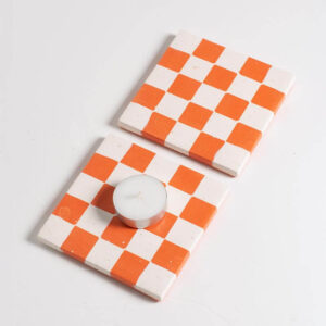 Set of two Handcrafted orange and white checkered square coasters a tea light candle, Jesmonite trinket vanity key tray
