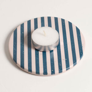 Handcrafted blue and light pink stripe patterned coaster with a tea light candle, Jesmonite trinket vanity key tray