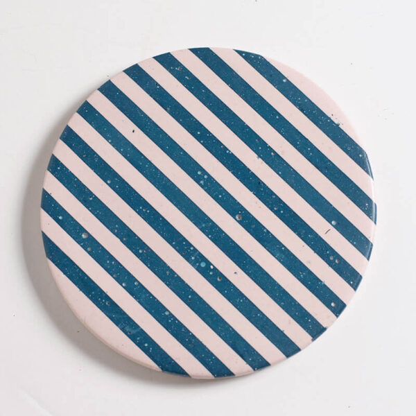 Handcrafted blue and light pink stripe patterned coaster, Jesmonite trinket vanity key tray