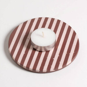 Handcrafted burgundy and light pink stripe patterned coaster with a tea light candle, Jesmonite trinket vanity key tray