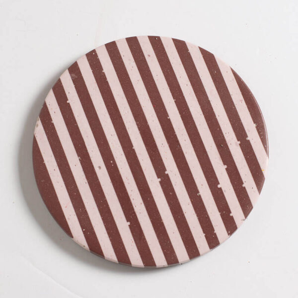 Handcrafted burgundy and light pink stripe patterned coaster, Jesmonite trinket vanity key tray