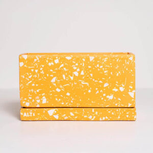 Orange with white terrazzo indoor rectangular plant pot with drainage holes and a separate water tray